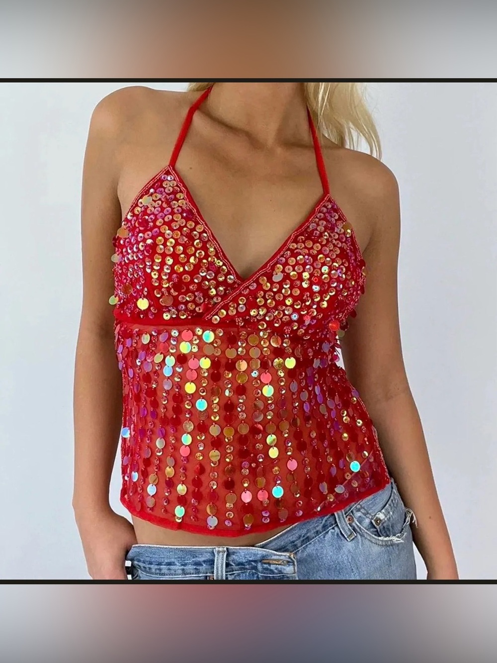 NEW Red Sequin Halter Cami Top open back - size M